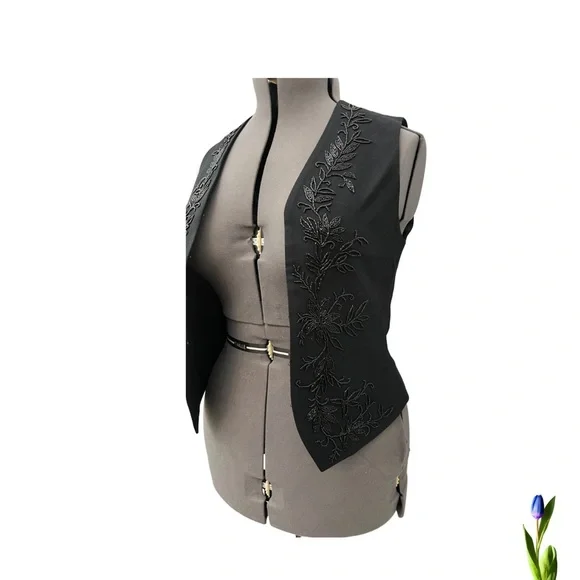 90s Vintage Liz Claiborne Vest Black Beaded Embellished Tuxedo - Picture 3 of 9